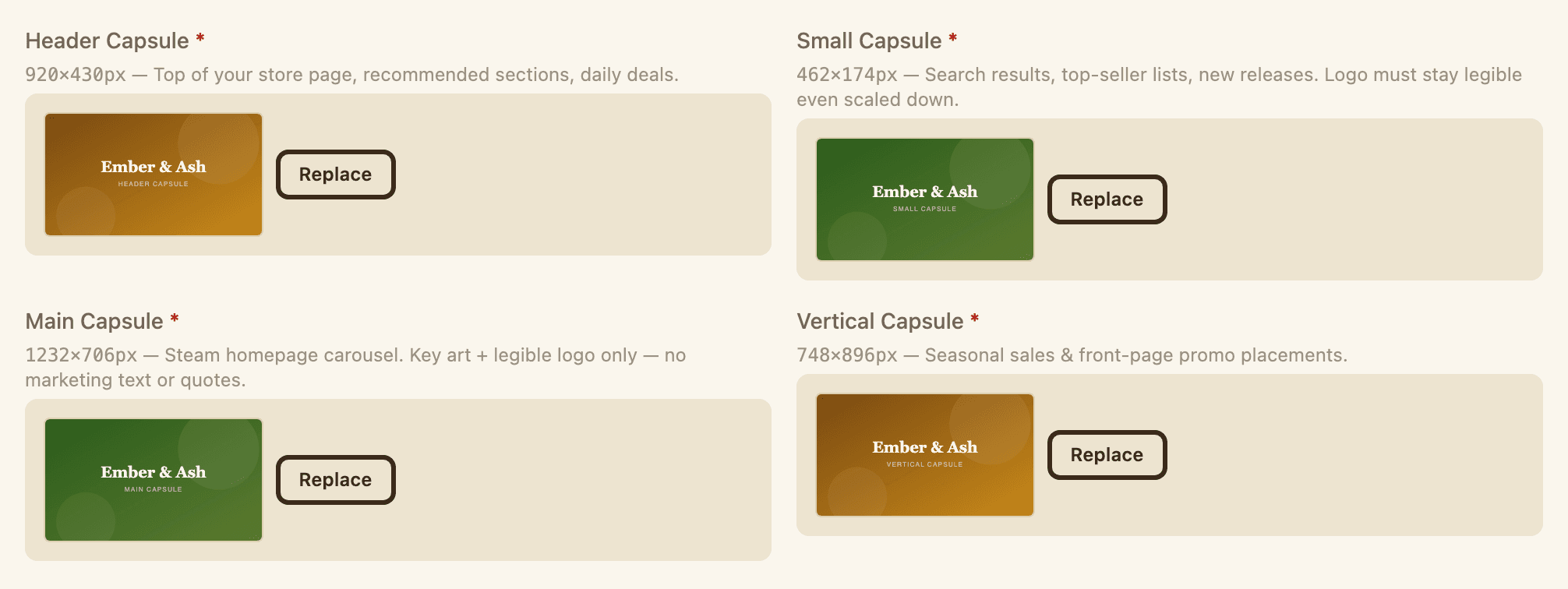 Steam capsule image slots, each labelled with its exact required pixel dimensions and marked required