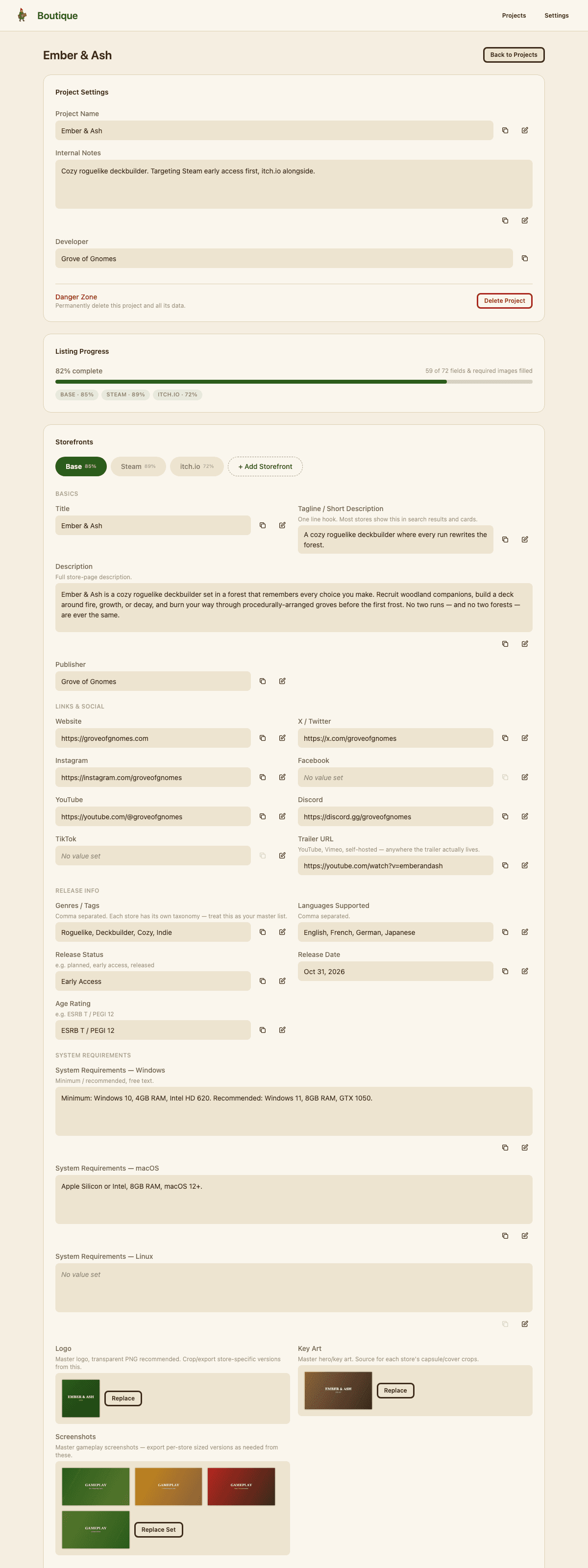 Boutique's Base tab, fully filled in with title, description, links, release info, and master art