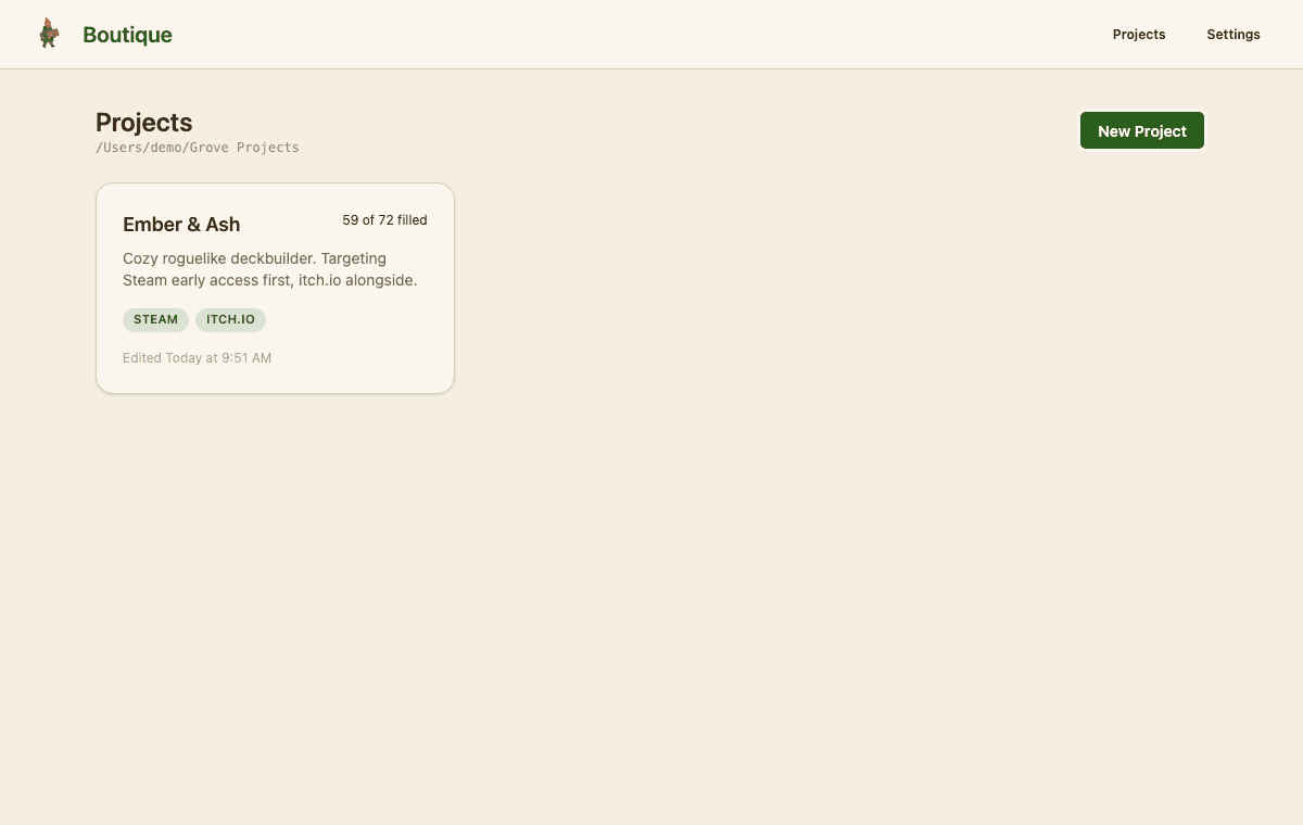 Boutique's project list, showing the Ember & Ash project card with a 59 of 72 filled badge